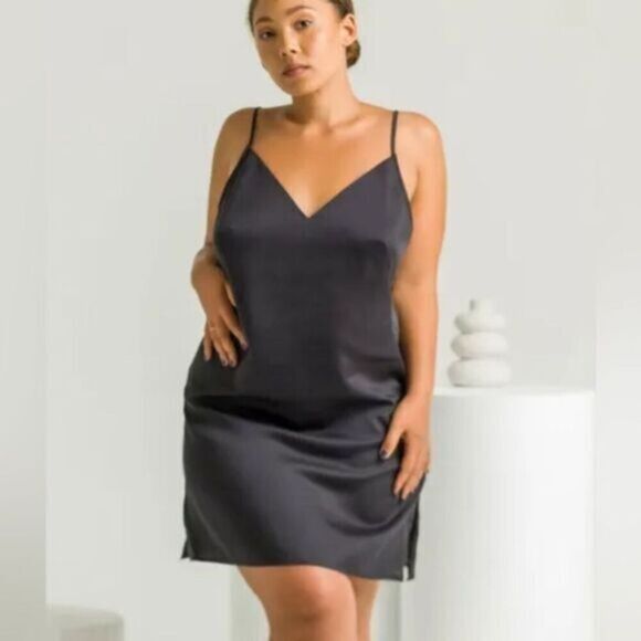 NWT Ettitude Women’s Black Sateen Slip Dress Adjustable...